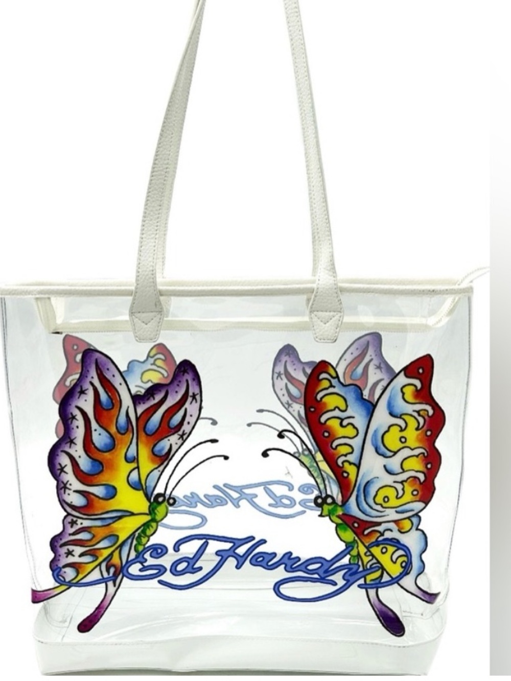 Ed Hardy Clear Tote with Multicolor Butterfly Artwork, with a small clear pouch.